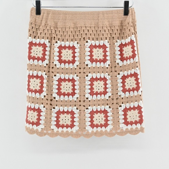 Lulus Womens Granny Squares Crochet Mini Skirt Size S Tan Boho Festival Lined - Picture 2 of 11